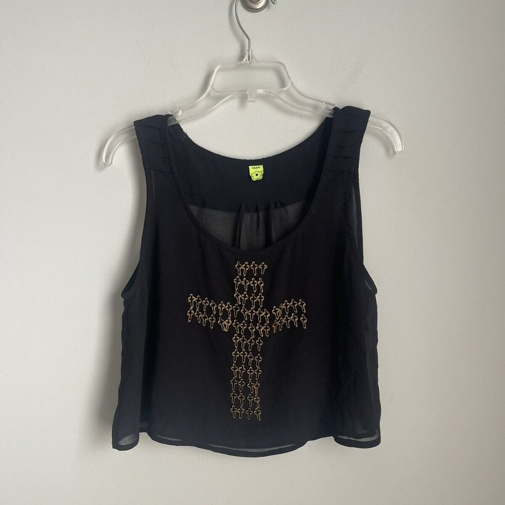 Farm Rio Black Sheer Embellished Cross Cropped Tank Sleeveless Women's - Picture 6 of 7